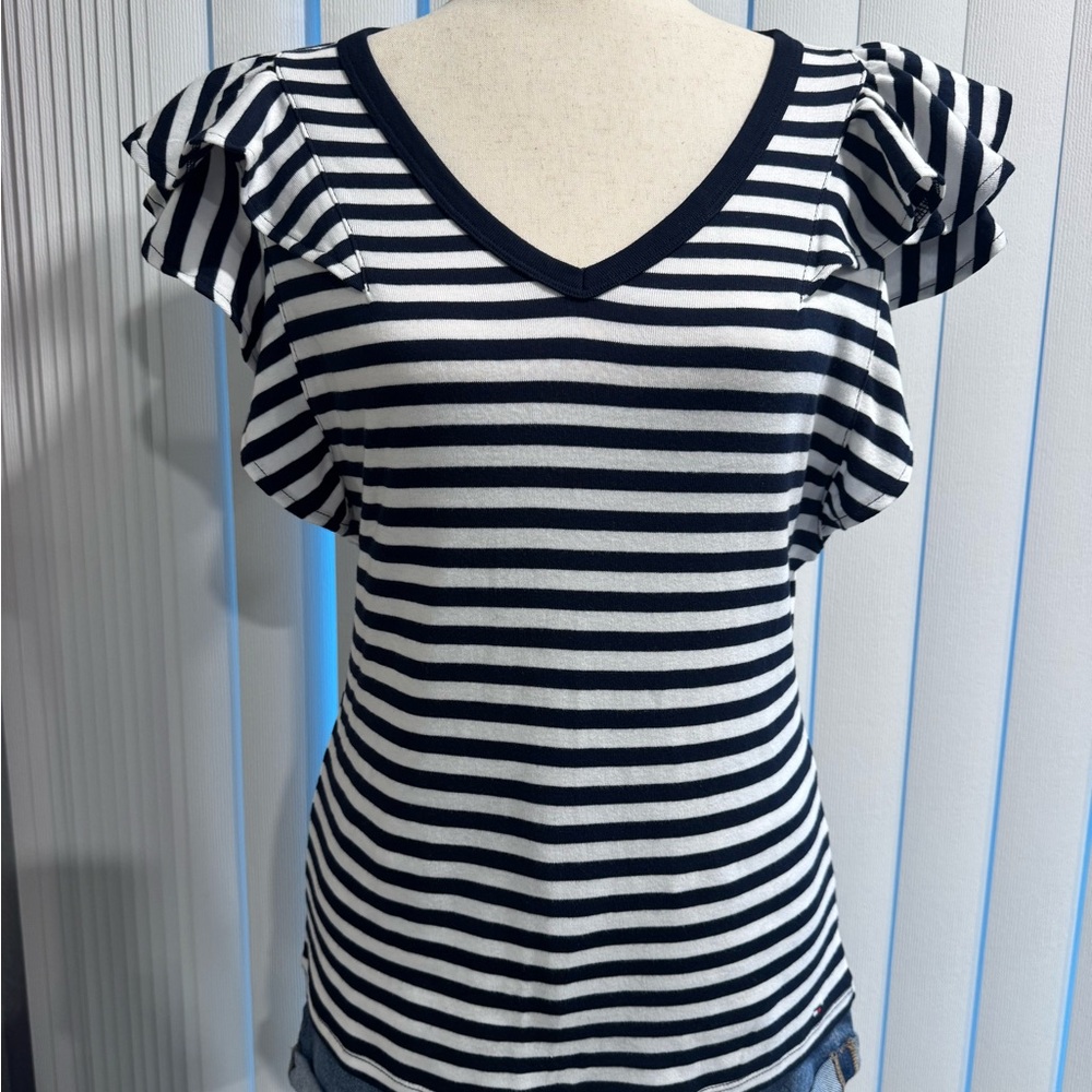 Tommy Hilfiger Navy and White Striped Top with Ruffle Sleeves